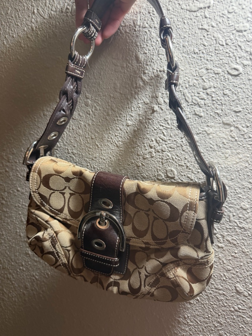 Coach Beige and Brown Signature Canvas Shoulder Bag